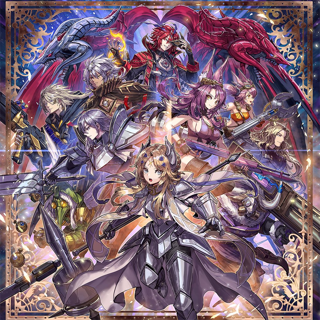 2others 4girls 6+boys alba-lenatus_the_abyss_dragon aluber_the_jester_of_despia animal_ear_fluff animal_ears armor black_jacket blonde_hair bomb cape character_request chest_jewel dark-skinned_male dark_skin dogmatika_ecclesia_the_virtuous dogmatika_fleurdelis_the_knighted dragon duel_monster ecclesia_(yu-gi-oh!) english_commentary everyone facial_mark fallen_of_albaz fire fleurdelis_(yu-gi-oh!) forehead_jewel forehead_mark fur goggles grey_eyes grey_hair gun hand_up headgear holding holding_gun holding_sword holding_weapon hood horns jacket jewelry kitt_(yu-gi-oh!) light_brown_hair long_hair lubellion_the_searing_dragon mannaless mask multiple_boys multiple_girls multiple_others one_eye_closed one_side_up pink_hair pointy_ears purple_hair red_eyes redhead shoulder_armor smile strapless sword tri-brigade_ferrijit_the_barren_blossom tri-brigade_kerass tri-brigade_kitt tri-brigade_nervall tri-brigade_shuraig_the_ominous_omen tube_top weapon wings wrench yellow_eyes yu-gi-oh!