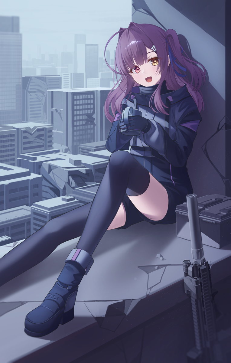 1girl :d ahoge angel_ina bangs black_footwear black_gloves black_jacket black_shorts black_thighhighs building commentary_request cup english_commentary gloves gun hair_intakes hair_ornament heterochromia high_collar highres holding holding_cup jacket long_hair long_sleeves looking_at_viewer mug one_side_up original outdoors puffy_long_sleeves puffy_sleeves purple_hair red_eyes ruins shoes short_shorts shorts sitting skyscraper smile solo suppressor thigh-highs weapon weapon_request yellow_eyes