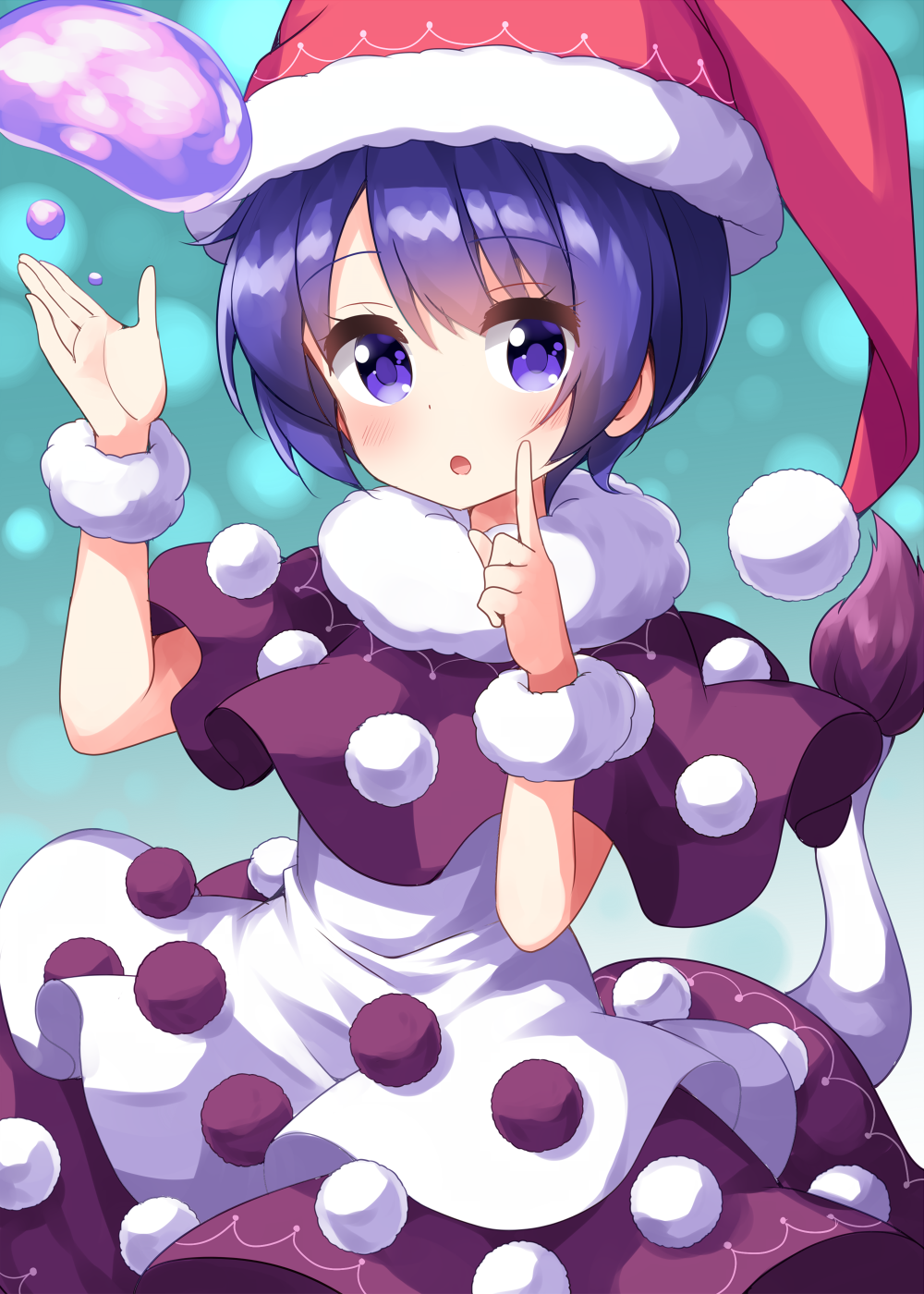 1girl :o blob blue_background bobblehat capelet doremy_sweet dream_soul fur-trimmed_headwear hat highres index_finger_raised nightcap pom_pom_(clothes) red_headwear ruu_(tksymkw) short_hair simple_background tail tapir_tail touhou