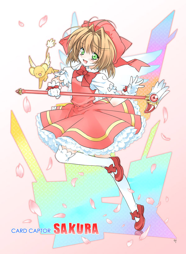 1girl 1other antenna_hair bow brown_hair cardcaptor_sakura character_name creature dress falling_petals flat_chest full_body fuuin_no_tsue gloves gradient gradient_background green_eyes hair_between_eyes hat holding holding_staff kero kinomoto_sakura leg_up looking_at_viewer open_mouth petals pink_background pink_dress pink_headwear puffy_short_sleeves puffy_sleeves red_bow red_footwear shirasuboshiboshi shirt short_hair short_sleeves smile staff thigh-highs white_gloves white_shirt white_thighhighs white_wings wings zettai_ryouiki