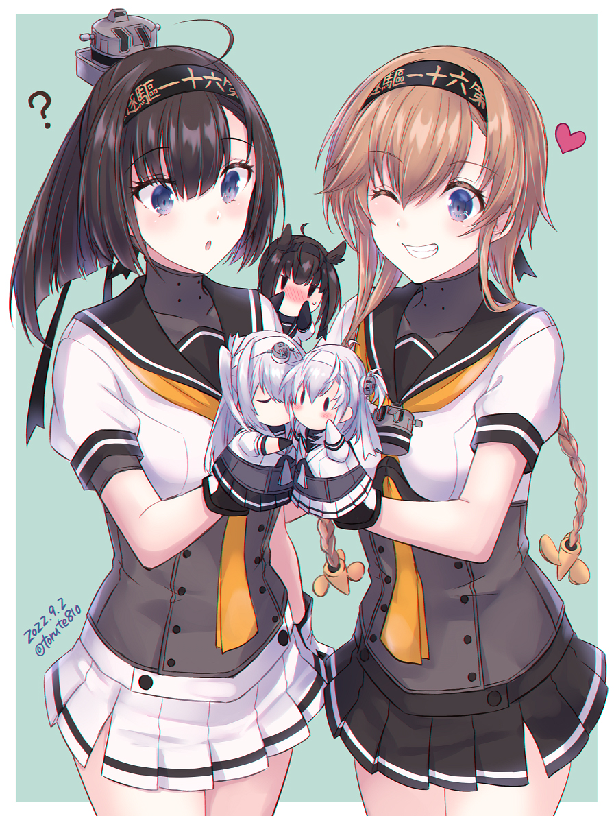 2girls ? akizuki_(kancolle) black_hair black_headband black_sailor_collar black_skirt blush border braid brown_hair clothes_writing cowboy_shot dated fuyutsuki_(kancolle) grey_eyes grin hachimaki hand_puppet hatsuzuki_(kancolle) headband heart kabocha_torute kantai_collection long_hair multiple_girls neckerchief one_eye_closed orange_neckerchief pleated_skirt ponytail puffy_short_sleeves puffy_sleeves puppet sailor_collar school_uniform serafuku short_sleeves skirt smile suzutsuki_(kancolle) teruzuki_(kancolle) twin_braids twitter_username white_border white_skirt yuri