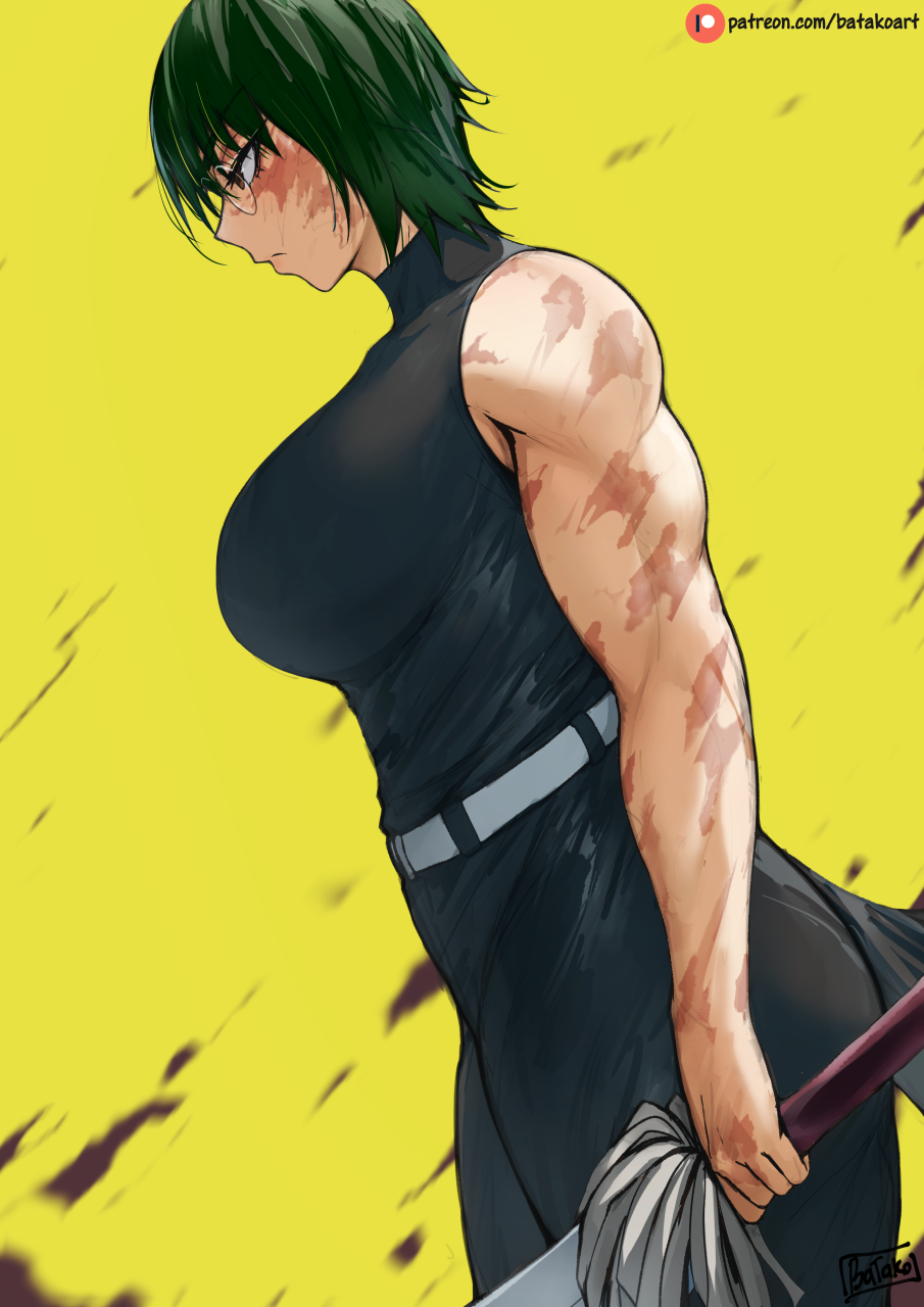 1girl bare_arms bare_shoulders batako_(pixiv54063972) belt black_pants black_shirt breasts brown_eyes closed_mouth commentary cowboy_shot dutch_angle english_commentary from_side glasses green_hair highres holding holding_sword holding_weapon jujutsu_kaisen large_breasts looking_away mature_female motion_blur muscular muscular_female paid_reward_available pants patreon_username profile round_eyewear scar scar_on_arm scar_on_face shirt short_hair signature sleeveless sleeveless_shirt solo standing sword turtleneck weapon web_address white_belt yellow_background zen'in_maki