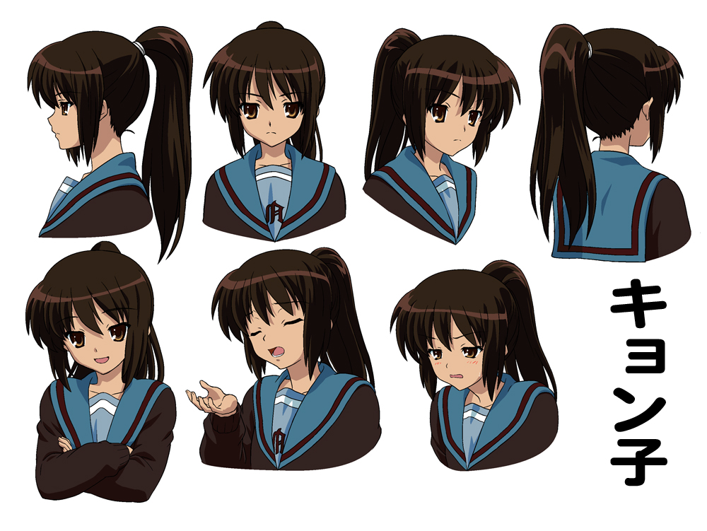 1girl :d akikan_(credit) anime_coloring bangs blue_sailor_collar blush brown_eyes brown_hair cardigan character_name closed_eyes closed_mouth collarbone commentary_request crossed_arms derivative_work from_behind from_side genderswap genderswap_(mtf) hair_tie kita_high_school_uniform kyonko long_hair long_sleeves multiple_views official_style open_mouth ponytail sailor_collar school_uniform serafuku simple_background smile suzumiya_haruhi_no_yuuutsu teeth translation_request upper_body white_background