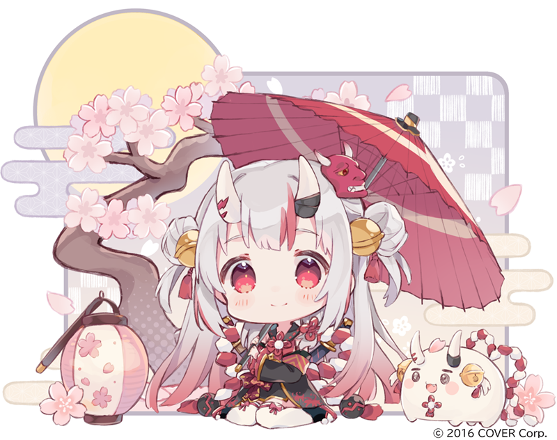 1girl blush cherry chibi colored_tips commentary_request double_bun food fruit grey_hair hair_bun hololive horns lantern long_hair looking_at_viewer mask mask_on_head multicolored_hair nakiri_ayame oil-paper_umbrella oni oni_mask paper_lantern poyoyo_(nakiri_ayame) red_eyes redhead sencha_(senta_10) sitting smile streaked_hair thigh-highs umbrella virtual_youtuber wariza white_thighhighs