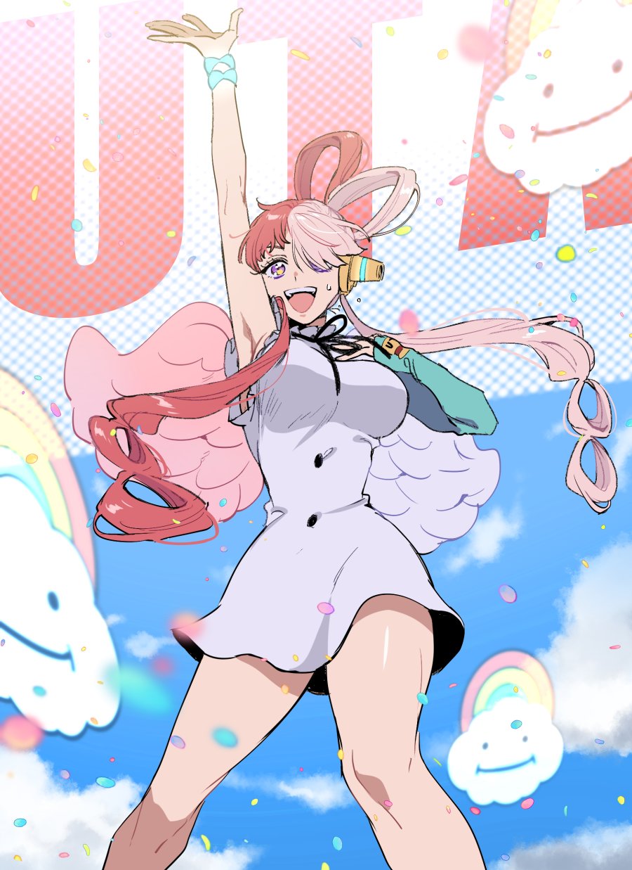 1girl :d black_ribbon character_name clouds commentary_request dress eyelashes happy headphones highres long_hair looking_at_viewer multicolored_hair one_piece one_piece:_film_red open_mouth pink_eyes redhead ribbon sky smile solo standing sweat two-tone_hair uta_(one_piece) white_hair wings wrist_cuffs yasutada43