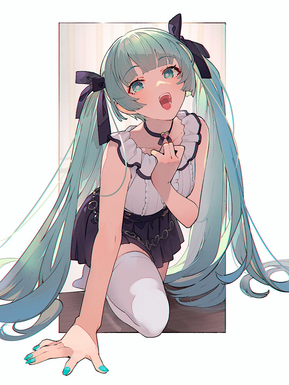 1girl alternate_costume aqua_eyes aqua_hair arm_support black_skirt blue_eyes blue_hair blue_nails collared_shirt frilled_shirt_collar frills hatsune_miku highres long_hair miniskirt nail_polish open_mouth pleated_skirt shirinda_fureiru shirt skirt thigh-highs twintails very_long_hair vocaloid white_shirt white_thighhighs