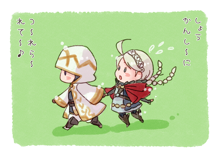 1boy 1girl ahoge bangs belt black_bridal_gauntlets blue_eyes braid buttons chibi ebi_puri_(ebi-ebi) fire_emblem fire_emblem_fates fire_emblem_heroes hairband harness holding_hands kiran_(fire_emblem) low_twintails nina_(fire_emblem) o-ring parted_bangs translation_request twin_braids twintails