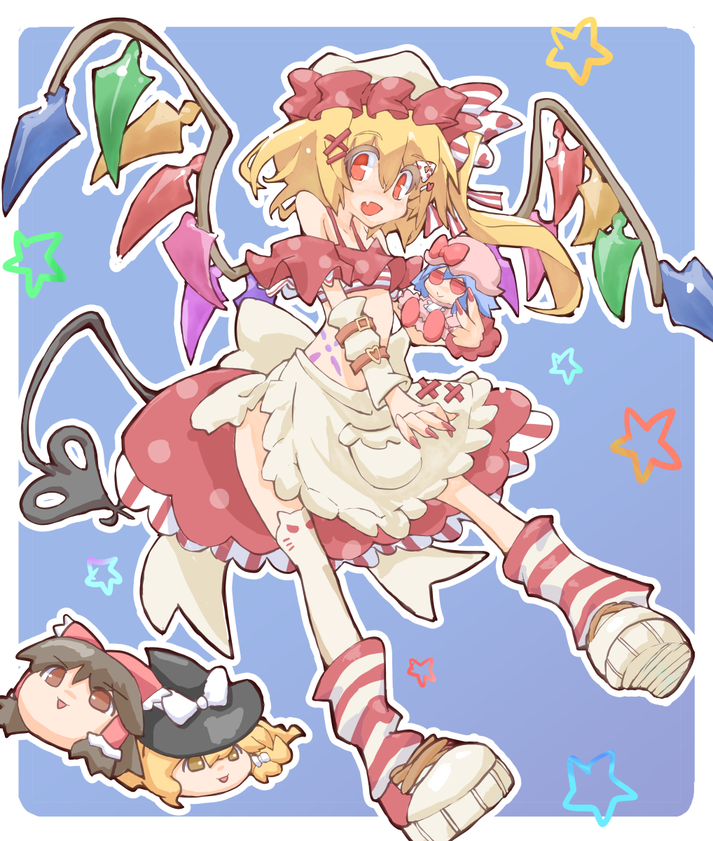 :d alternate_costume apron bat_wings blonde_hair blue_background crystal fang flandre_scarlet frills hakurei_reimu hat hat_ribbon highres internet_survivor kirisame_marisa looking_at_viewer mob_cap one_side_up red_eyes red_footwear remilia_scarlet ribbon shoes side_ponytail simple_background skin_fang skirt skirt_set sleeveless smile sneakers socks standing star_(symbol) striped striped_socks stuffed_toy touhou v wings yamasina009 yukkuri_shiteitte_ne