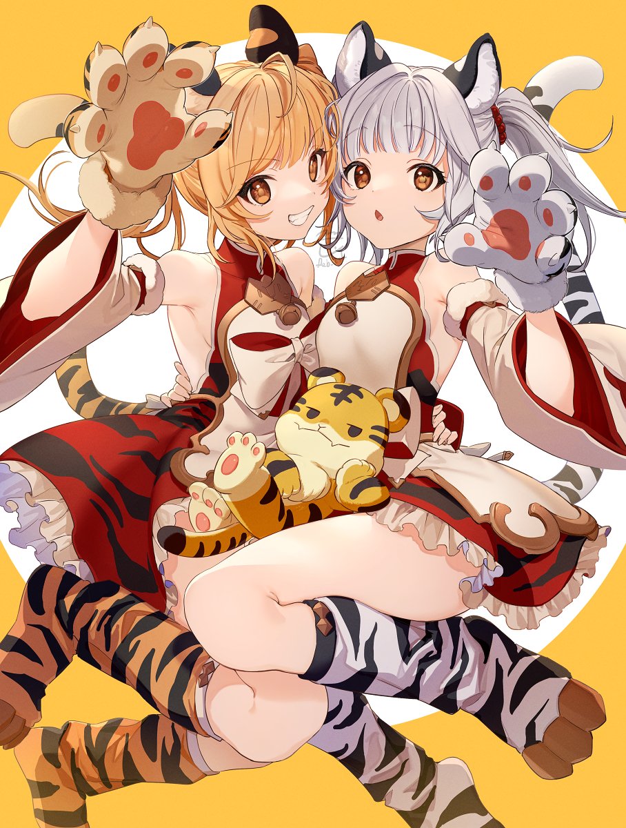 2girls ahoge animal_ears animal_hands armpit_crease bai_(granblue_fantasy) bangs bare_shoulders bell blonde_hair brown_eyes cidala_(granblue_fantasy) detached_sleeves dress erune feb_itk full_body gloves granblue_fantasy grey_hair grin hand_on_another's_hip heads_together highres huang_(granblue_fantasy) jingle_bell laolao_(granblue_fantasy) looking_at_viewer medium_hair multiple_girls parted_lips paw_gloves paw_pose petticoat red_dress ribbon siblings simple_background single_glove sisters sleeveless smile socks tail teeth tiger tiger_ears tiger_girl tiger_paws tiger_tail twins twintails wide_sleeves