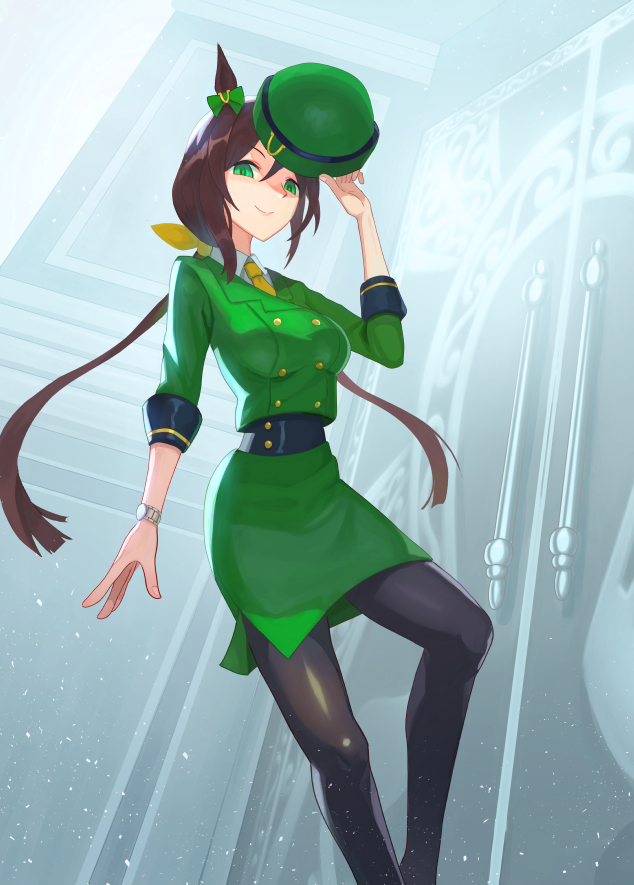 1girl animal_ears black_pantyhose bow bowler_hat buttons collared_shirt commentary_request cowboy_shot double-breasted ear_bow formal green_bow green_eyes green_headwear green_jacket green_skirt hat hayakawa_tazuna horse_girl horseshoe_ornament jacket light_particles looking_at_viewer low_ponytail necktie pantyhose shirt sidelocks skirt skirt_suit solo split_ponytail suit tunguu umamusume watch watch white_shirt yellow_bow yellow_necktie