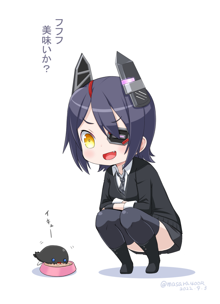 1girl abyssal_ship black_gloves black_skirt black_sweater black_thighhighs bowl checkered_necktie chibi commentary_request eyepatch feeding gloves headgear i-class_destroyer kantai_collection masara_(chuujou) necktie one-hour_drawing_challenge partially_fingerless_gloves pet_bowl pleated_skirt purple_hair school_uniform short_hair simple_background skirt solo squatting sweater tenryuu_(kancolle) thigh-highs translation_request white_background yellow_eyes