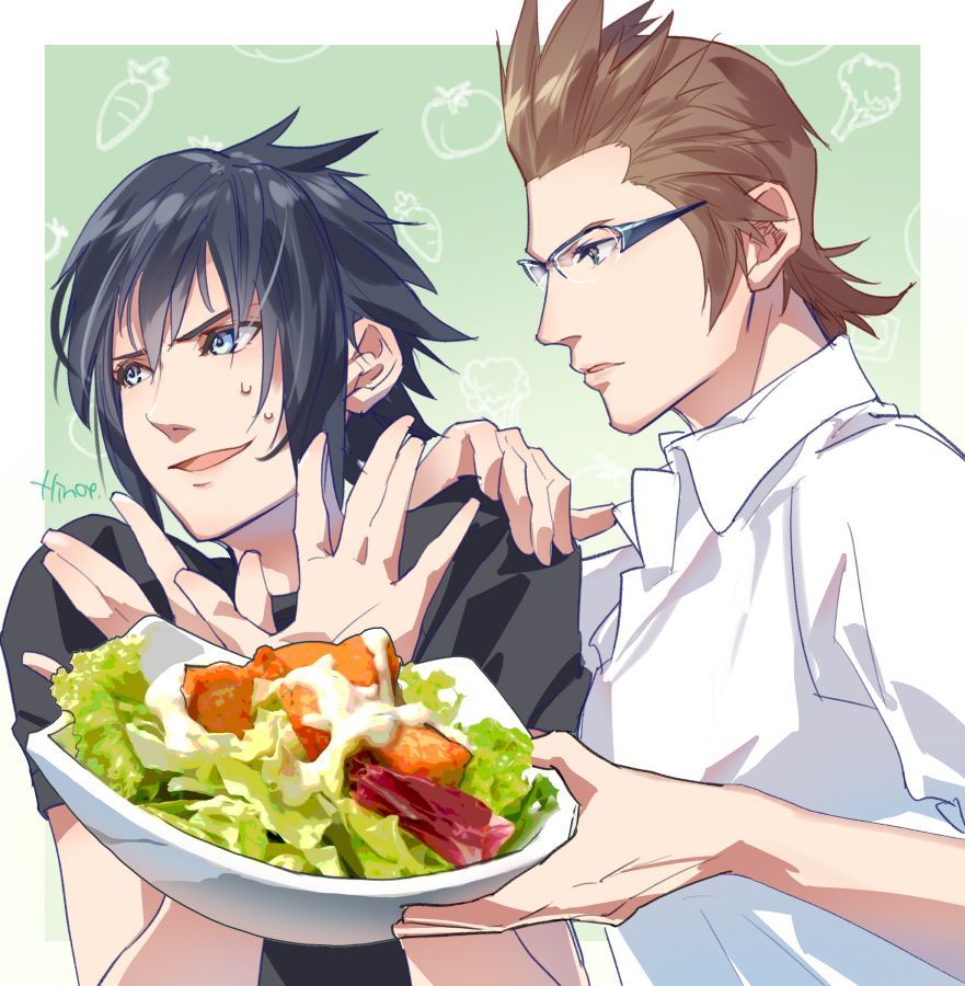 2boys artist_name black_hair black_shirt blue_eyes bowl brown_eyes brown_hair collared_shirt final_fantasy final_fantasy_xv food glasses green_background hair_between_eyes hand_on_another's_shoulder hands_up hinoe_(dd_works) holding holding_bowl ignis_scientia lettuce looking_at_another looking_to_the_side male_focus multiple_boys noctis_lucis_caelum salad salad_bowl shirt short_hair short_sleeves sideburns sweatdrop upper_body vegetable white_shirt