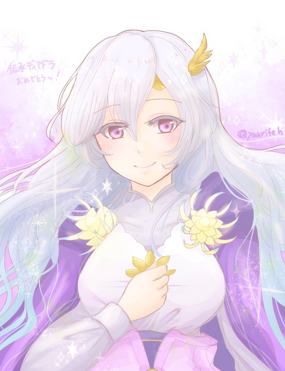 1girl bangs cape deirdre_(fire_emblem) dress fire_emblem fire_emblem:_genealogy_of_the_holy_war fire_emblem_heroes hair_between_eyes hand_on_own_chest highres light_purple_hair long_hair long_sleeves looking_at_viewer official_alternate_costume purple_cape smile solo twitter_username upper_body very_long_hair violet_eyes yuurifeh