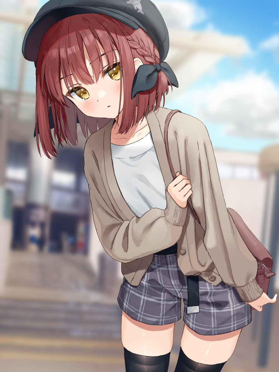 1girl bag bangs black_headwear black_thighhighs blue_sky blunt_bangs blurry blurry_background braid breasts clouds collarbone day dolphin_print dot_nose grey_shorts handbag hat highres holding_strap jacket long_sleeves looking_at_viewer medium_hair muninshiki original outdoors parted_lips plaid plaid_shorts redhead shirt shorts side_braid single_braid sky small_breasts solo stairs standing thigh-highs white_shirt yellow_eyes