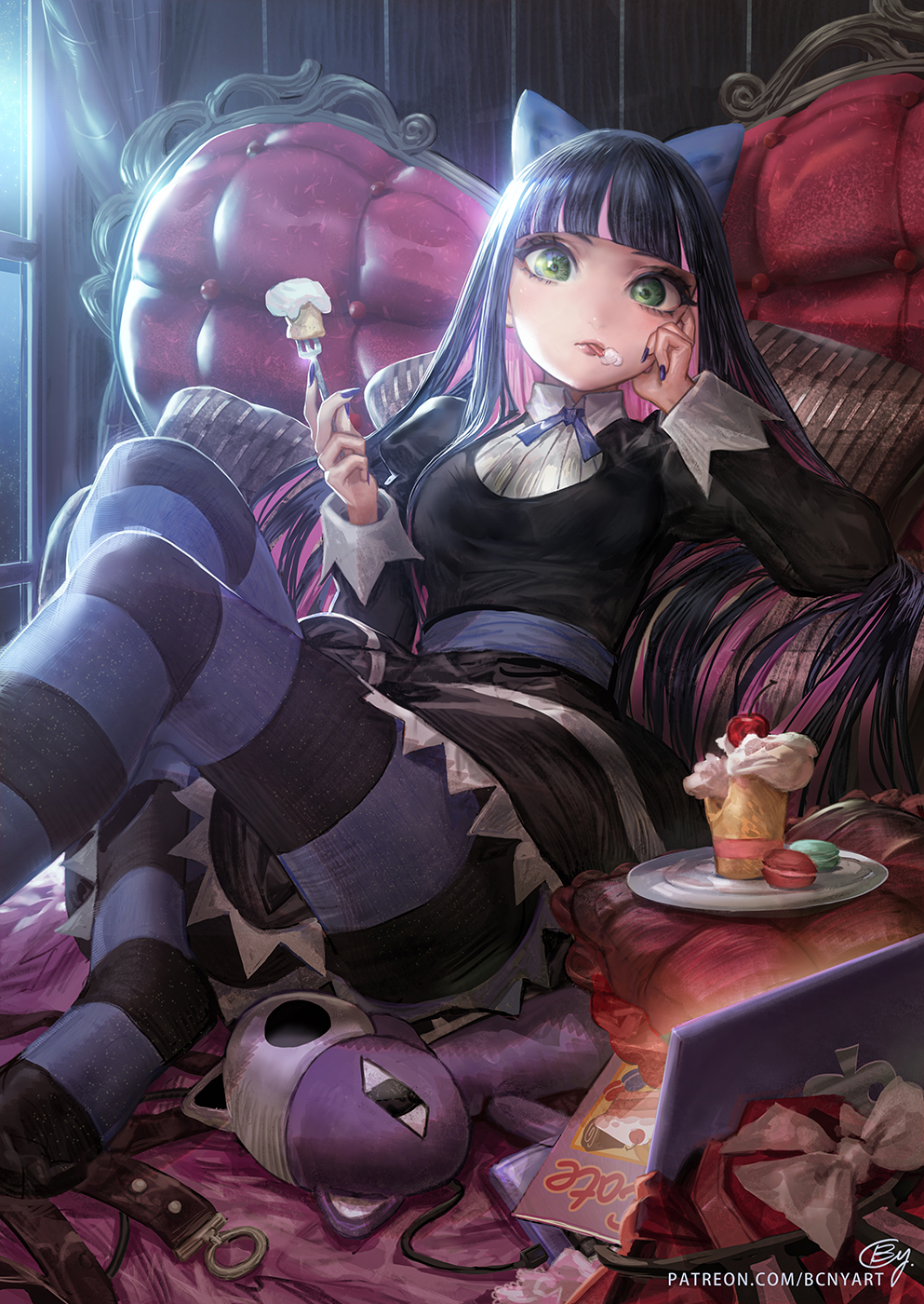 1girl b.c.n.y. bangs black_dress black_hair blue_nails blunt_bangs bow breasts cake colored_inner_hair couch dress food food_on_face foot_out_of_frame fork green_eyes hand_up highres holding holding_fork indoors juliet_sleeves knees_up long_hair long_sleeves looking_at_viewer medium_breasts moonlight multicolored_hair nail_polish night on_couch panty_&amp;_stocking_with_garterbelt pantyhose plate puffy_sleeves sidelighting solo spoon stocking_(psg) striped striped_pantyhose stuffed_toy thigh-highs two-tone_hair window wing_collar