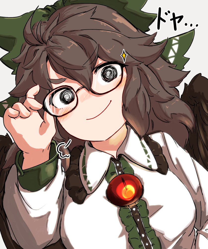 1girl bespectacled bird_wings black_eyes black_wings bow cape chest_jewel feathered_wings glasses green_bow hair_bow long_hair reiuji_utsuho smile touhou uisu_(noguchipint) upper_body v-shaped_eyebrows white_cape wings