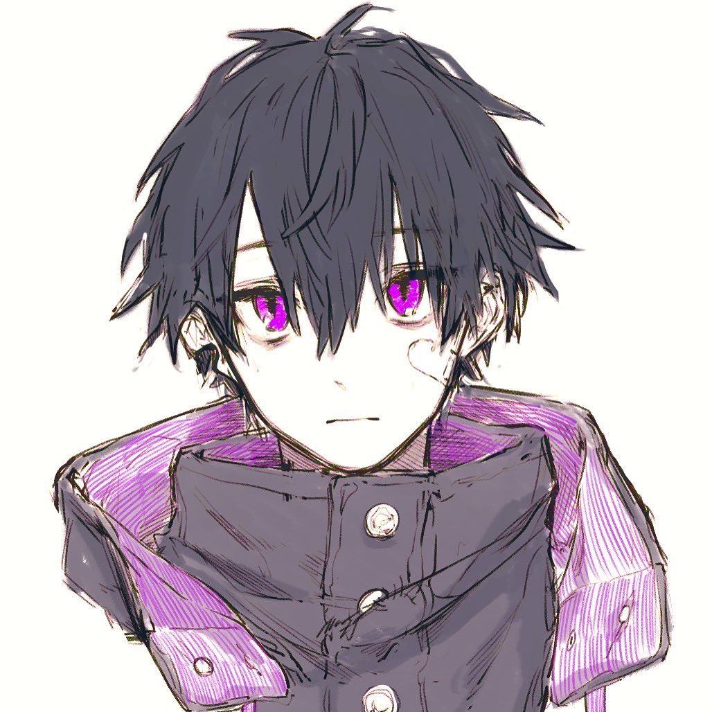 1boy bandaid bandaid_on_cheek bandaid_on_face black_hair close-up closed_mouth grey_background hair_between_eyes hatching_(texture) looking_at_viewer male_focus original rit3set simple_background sketch solo upper_body violet_eyes
