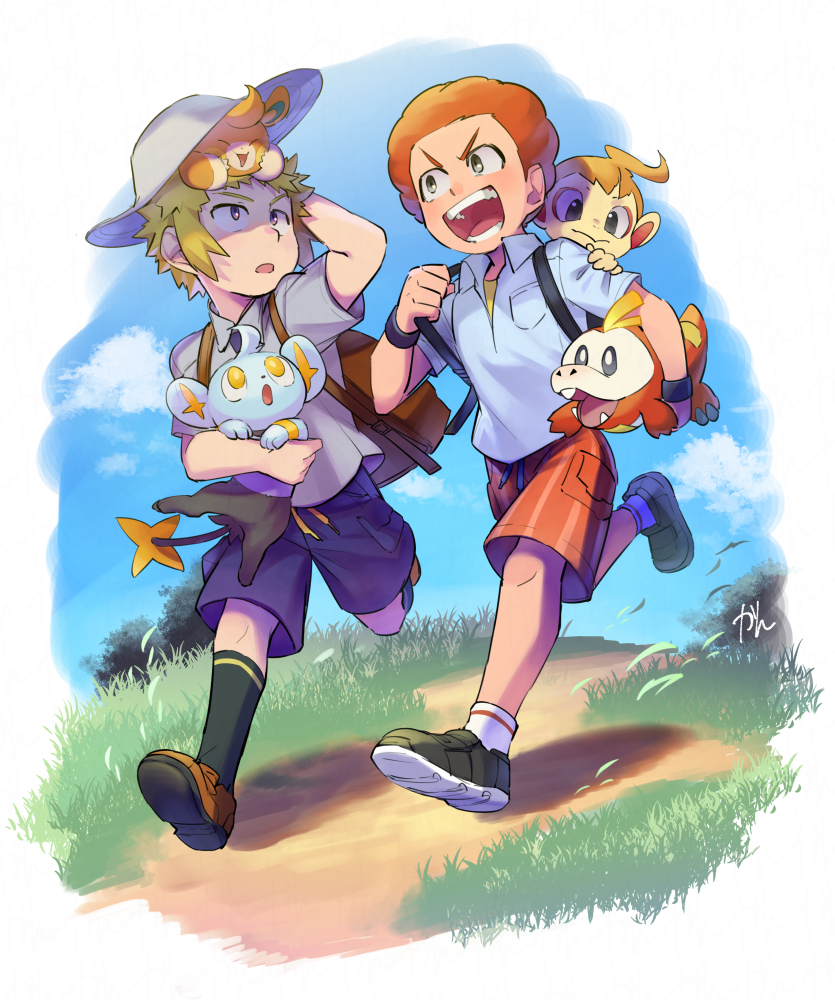 2boys aged_down black_socks brown_footwear carrying carrying_under_arm chimchar clouds commentary_request day falling_leaves flint_(pokemon) fuecoco grass grey_headwear grey_shirt hat holding holding_pokemon kan_(pyy_c12) leaf male_focus multiple_boys on_head orange_hair outdoors path pawmi pokemon pokemon_(creature) pokemon_(game) pokemon_dppt pokemon_on_head pokemon_sv running shinx shirt shoes short_hair short_sleeves shorts sky socks volkner_(pokemon)