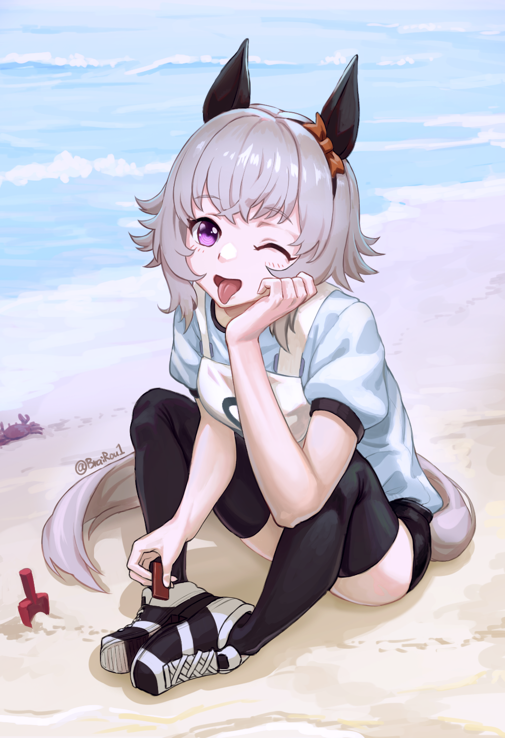 1girl animal animal_ears beach black_footwear black_thighhighs blush bow chocolate crab curren_chan_(umamusume) food food211 grey_hair head_rest highres holding holding_chocolate holding_food horse_ears horse_girl horse_tail looking_at_viewer medium_hair ocean one_eye_closed open_mouth orange_bow outdoors ringed_eyes sand shoes sitting skindentation sneakers tail thigh-highs tongue tongue_out trowel twitter umamusume violet_eyes water