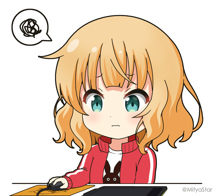 1girl bangs blonde_hair blue_eyes blush chibi closed_mouth commentary_request drawing_tablet gochuumon_wa_usagi_desu_ka? jacket kirima_syaro long_hair long_sleeves mitya mouse_(computer) open_clothes open_jacket puffy_long_sleeves puffy_sleeves red_jacket shirt simple_background sleeves_past_wrists solo spoken_squiggle squiggle twitter_username upper_body wavy_mouth white_background white_shirt