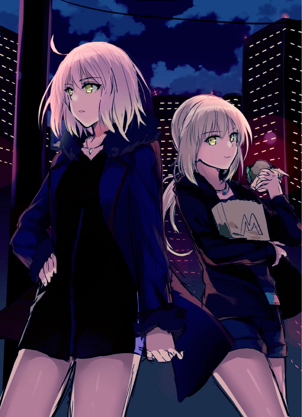 2girls ahoge artoria_pendragon_(fate) bangs bare_legs breasts burger eating fate/grand_order fate_(series) food grey_hair highres hizuki_higure holding holding_food jeanne_d'arc_alter_(avenger)_(fate) jeanne_d'arc_alter_(fate) jeanne_d'arc_alter_(ver._shinjuku_1999)_(fate) jewelry long_hair looking_at_viewer looking_to_the_side multiple_girls necklace night night_sky saber_alter short_hair shorts skirt sky yellow_eyes