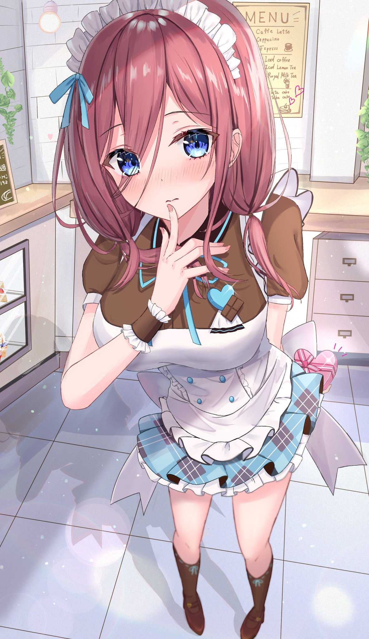 1girl alternate_costume apron arm_behind_back blue_eyes blue_ribbon blue_skirt blush box breasts brown_hair closed_mouth enmaided finger_to_mouth framed_breasts frilled_apron frills full_body gift go-toubun_no_hanayome hair_ribbon hand_up heart heart-shaped_box highres holding holding_gift indoors large_breasts long_hair looking_at_viewer maid maid_apron maid_cafe maid_headdress nakano_miku neck_ribbon pleated_skirt rain_sunny ribbon short_sleeves sidelocks silhouette skirt solo standing tile_floor tiles two-tone_dress waist_apron wrist_cuffs