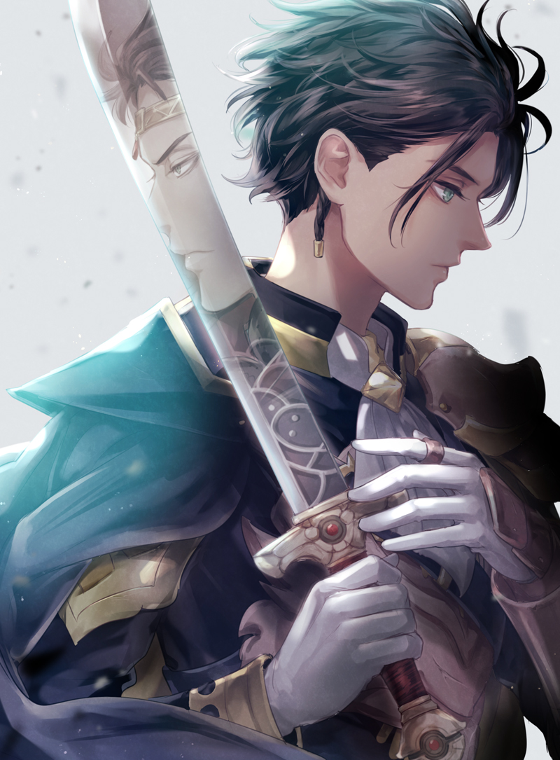 2boys armor black_hair braid cape claude_von_riegan crown dark-skinned_male dark_skin fire_emblem fire_emblem:_three_houses fire_emblem_warriors:_three_hopes gloves green_eyes grey_background holding holding_sword holding_weapon looking_away looking_to_the_side multiple_boys official_alternate_costume official_alternate_hairstyle reflection saku_(soreca49) shahid_(fire_emblem) siblings simple_background solo_focus sword upper_body weapon white_gloves