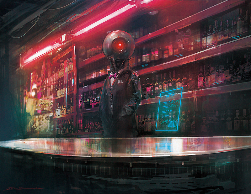 1boy alcohol android bar bartender bottle cable concept_art cyberpunk esuthio glowing glowing_eye hands_in_pockets holographic_interface lights looking_at_viewer machinery menu necktie no_humans one-eyed original realistic red_eyes reflection robot science_fiction sensor shiny signature sketch tuxedo whiskey wine