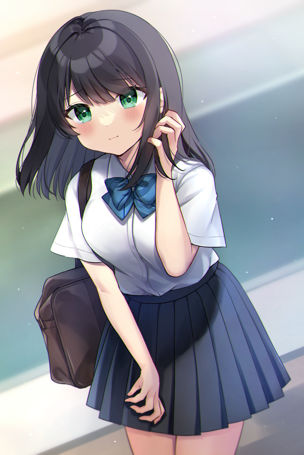 1girl bag bangs black_hair black_skirt blue_bow blurry blurry_background blush bow breasts closed_mouth collared_shirt commentary_request depth_of_field diagonal-striped_bow dress_shirt green_eyes hand_in_own_hair hand_up highres indoors long_hair looking_at_viewer medium_breasts minami_saki original pleated_skirt school_bag school_uniform shirt skirt smile solo white_shirt