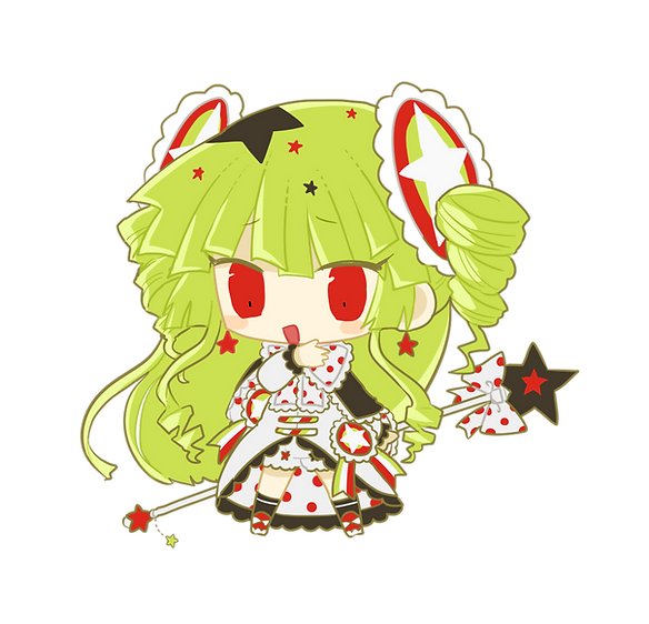 1girl bangs black_socks bloomers chibi coat drill_hair earrings green_hair holding holding_wand jewelry lace-trimmed_ribbon lace-trimmed_sleeves lace_trim long_hair long_sleeves neck_ribbon no_nose open_mouth original polka_dot polka_dot_ribbon red_eyes ribbon simple_background smile socks solo star_(symbol) star_earrings teavert transparent_background underwear usagi_nui very_long_hair wand white_coat white_ribbon