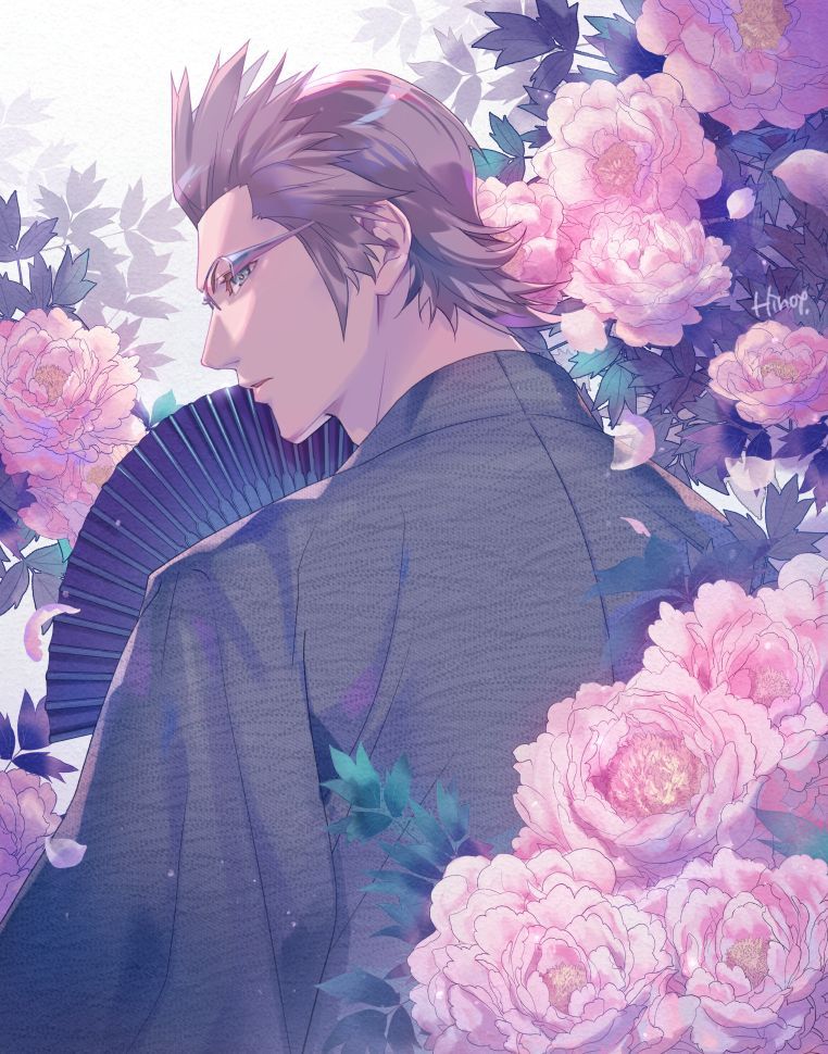 1boy brown_hair falling_petals final_fantasy final_fantasy_xv floral_background flower glasses grey_kimono hair_slicked_back hand_fan hinoe_(dd_works) holding holding_fan ignis_scientia japanese_clothes kimono long_sleeves looking_back male_focus paper_fan parted_lips petals pink_flower short_hair sideburns solo