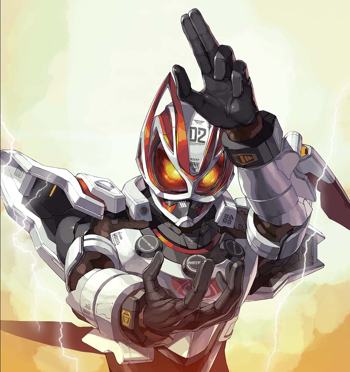 1boy arm_blade armor black_bodysuit black_gloves bodysuit compound_eyes finishing_move fox fox_mask gloves highres kamen_rider kamen_rider_geats kamen_rider_geats_(series) kitsune lightning magnum_boost male_focus mask nishii_(nitroplus) weapon