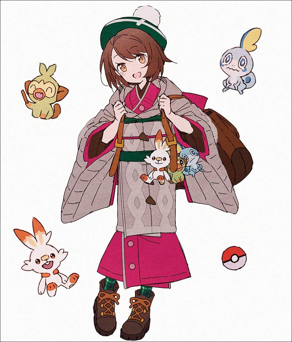 1girl :d adapted_costume backpack bag bob_cut boots brown_bag brown_eyes brown_footwear brown_hair buttons cable_knit character_doll commentary_request full_body gloria_(pokemon) green_headwear green_socks grookey hakusai_(tiahszld) hands_up hat holding_strap japanese_clothes kimono looking_at_viewer open_mouth pink_kimono plaid_socks poke_ball_symbol pokemon pokemon_(game) pokemon_swsh scorbunny short_hair simple_background smile sobble socks tam_o'_shanter white_background