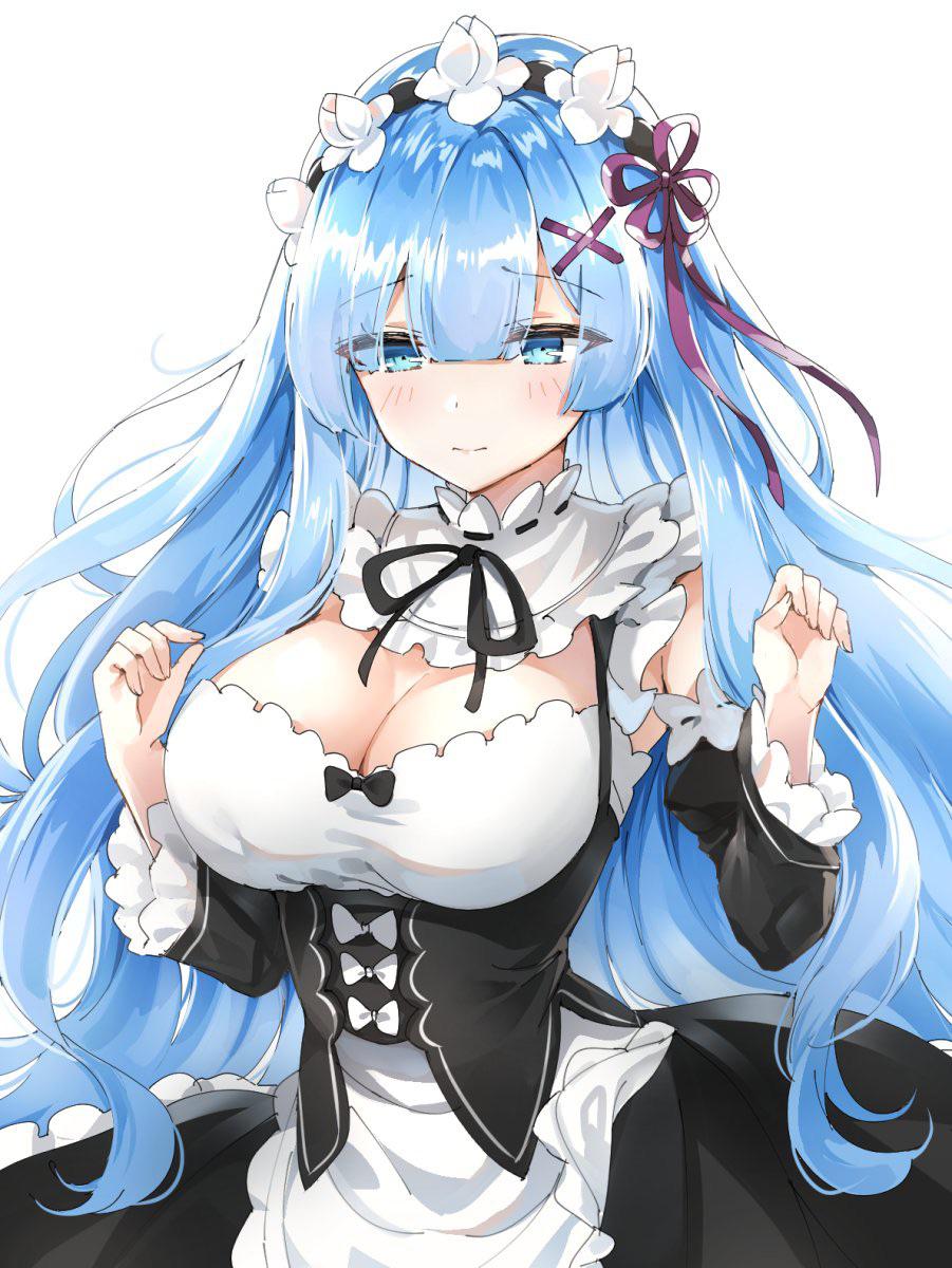 1girl bare_shoulders black_dress blue_eyes blue_hair blush bowtie breasts cleavage cleavage_window cute detached_collar detached_sleeves eyebrows eyebrows_visible_through_hair eyes frilled_apron frilled_collar frilled_dress frilled_sleeves hair_between_eyes hair_ornament hair_over_one_eye hands_up long_hair looking_down looking_to_the_side maid maid_dress medium_breasts mouth_closed oni puffed_sleeves quiet re:zero_kara_hajimeru_isekai_seikatsu rem_(re:zero) ribbon ribbon-trimmed_clothes ribbons wide_sleeves woman x_hair_ornament