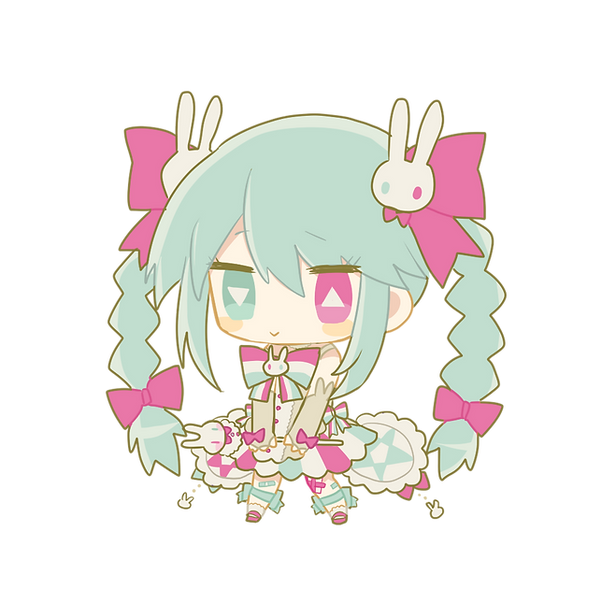 1girl bow braid bright_pupils bunny_hair_ornament chibi elbow_gloves fingerless_gloves gloves green_eyes green_hair green_ribbon hair_bow hair_ornament hair_ribbon heterochromia leg_ribbon long_hair magical_girl mary_janes multicolored_clothes multicolored_skirt neck_ribbon original pink_bow pink_eyes pink_footwear pink_ribbon ribbon shoes simple_background skirt solo transparent_background treccia_pechemint twin_braids usagi_nui white_pupils yellow_gloves