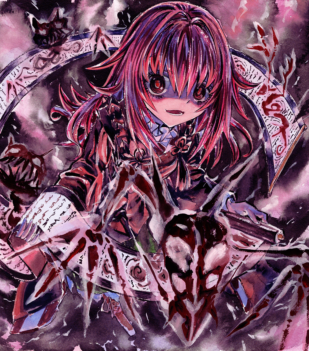 1girl acrylic_paint_(medium) dark_persona dress empty_eyes eyelashes forbidden_scrollery hair_between_eyes hair_down highres holding ink_(medium) japanese_clothes kabaji kimono long_hair motoori_kosuzu open_mouth painting_(medium) possessed red_dress red_eyes redhead scroll solo standing touhou traditional_media