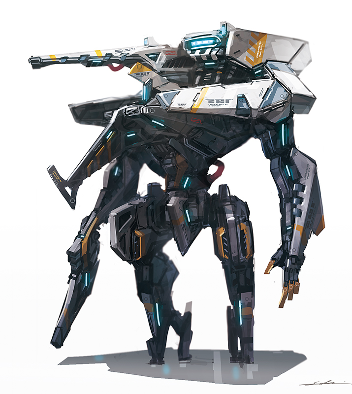 aiming arm_cannon cable commentary commentary_request concept_art energy_cannon esuthio light machinery mecha missile_pod no_humans original railgun realistic robot science_fiction sensor shadow signature solo turret walker weapon white_background