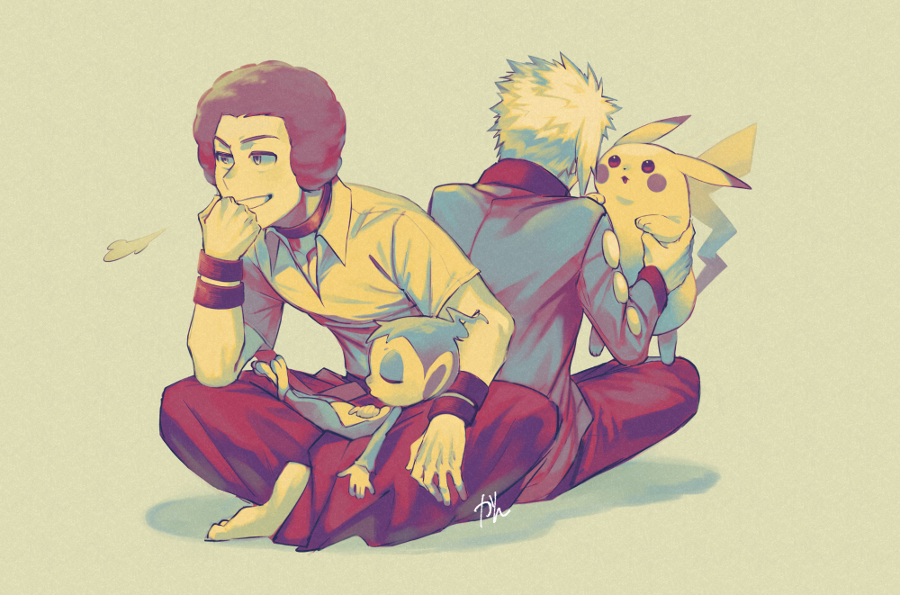 2boys afro barefoot blonde_hair bracelet chimchar choker collared_shirt commentary_request flint_(pokemon) grin hand_up holding holding_poke_ball holding_pokemon jacket jewelry kan_(pyy_c12) long_sleeves male_focus multiple_boys pants pikachu poke_ball pokemon pokemon_(creature) pokemon_(game) pokemon_dppt red_pants shirt short_hair sitting smile spiky_hair volkner_(pokemon) yellow_shirt