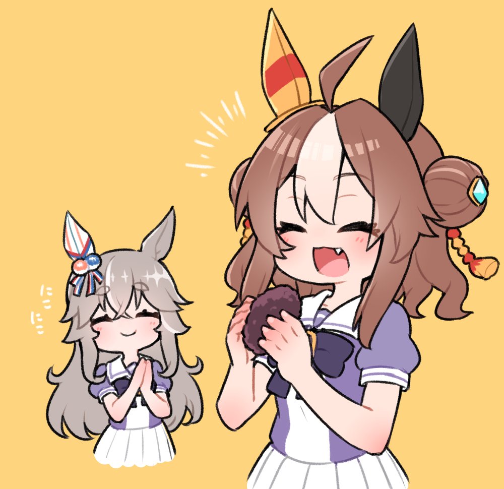 2girls :d ^_^ ahoge animal_ears black_bow blush bow brown_hair closed_eyes closed_mouth commentary_request copano_rickey_(umamusume) double_bun fang food food_request hair_bun hands_up holding holding_food horse_ears kuroshiro_gurei long_hair multicolored_hair multiple_girls orange_background palms_together pleated_skirt puffy_short_sleeves puffy_sleeves purple_shirt school_uniform shirt short_eyebrows short_sleeves simple_background skirt smile streaked_hair thick_eyebrows tracen_school_uniform umamusume very_long_hair white_hair white_skirt wonder_acute_(umamusume)