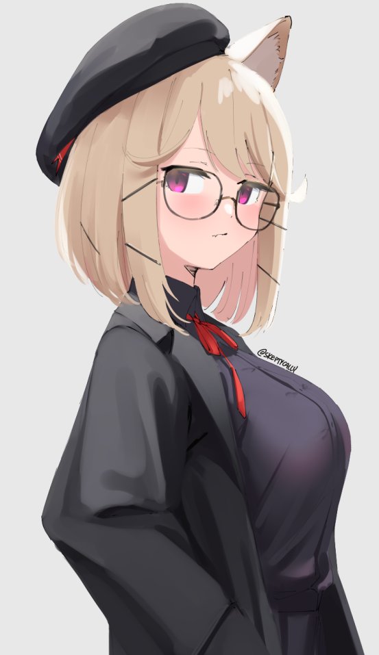 1girl animal_ear_fluff animal_ears arknights black-framed_eyewear black_coat black_headwear black_shirt blonde_hair blush breasts closed_mouth coat from_side glasses hat jacket large_breasts long_sleeves looking_at_viewer looking_to_the_side neck_ribbon official_alternate_costume open_clothes open_jacket ribbon shirt short_hair simple_background skeptycally solo upper_body utage_(arknights) utage_(disguise)_(arknights) violet_eyes white_background