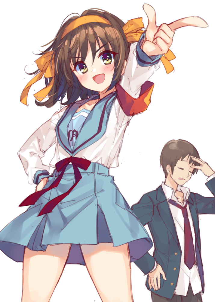 1boy 1girl :d arm_up armband bangs blazer blue_sailor_collar blue_skirt blush brown_eyes brown_hair brown_pants bucchake_(asami) closed_eyes commentary_request green_jacket hair_ribbon hairband hand_on_hip jacket kita_high_school_uniform kyon long_sleeves necktie open_clothes open_jacket open_mouth pants pointing red_necktie red_ribbon ribbon sailor_collar school_uniform serafuku shirt short_hair sketch skirt smile suzumiya_haruhi suzumiya_haruhi_no_yuuutsu white_shirt yellow_hairband