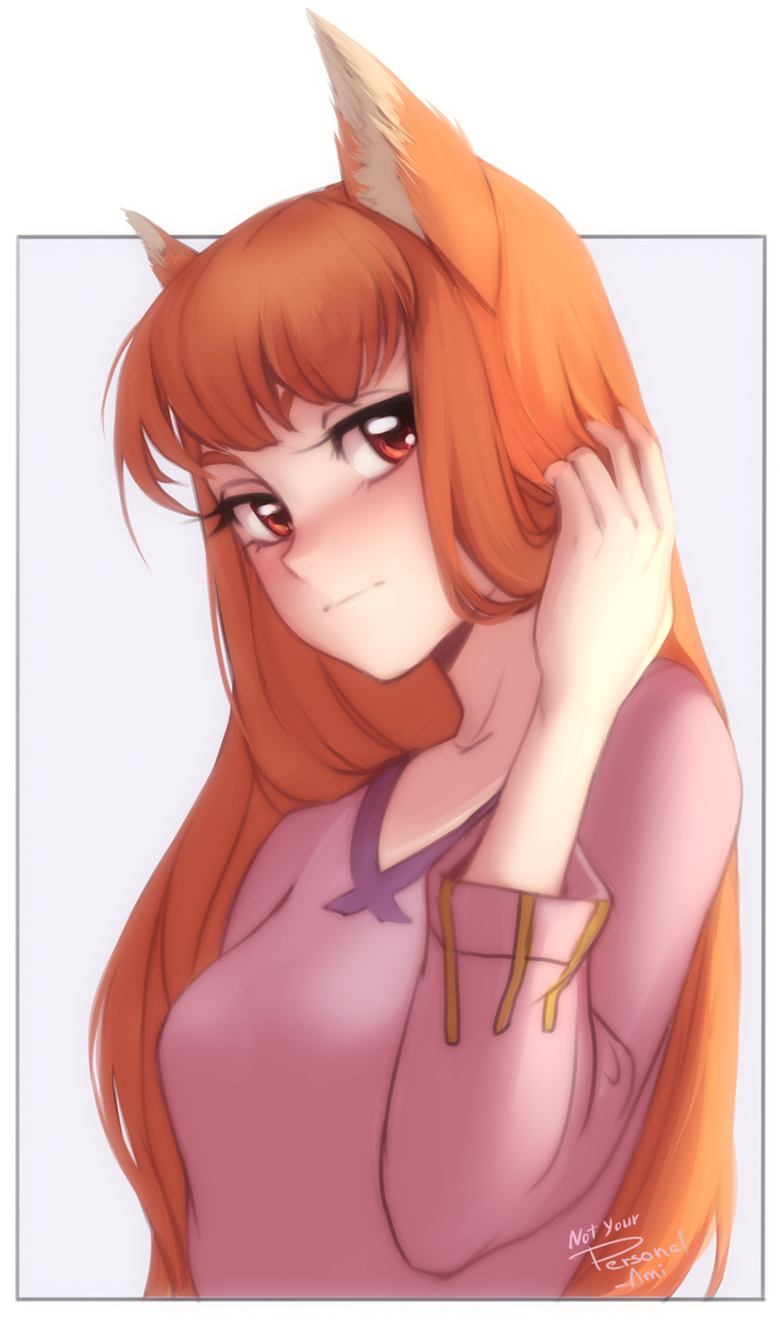 1girl animal_ears blush breasts closed_mouth hair_tucking highres holo long_hair long_sleeves looking_at_viewer medium_breasts orange_eyes orange_hair personal_ami pink_shirt shirt signature solo spice_and_wolf upper_body wolf_ears