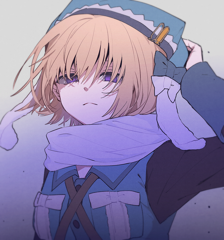 1girl :&lt; bangs black_shirt blue_bow blue_headwear blue_jacket blurry bow boyano breast_pocket buttons debris fur_hat gradient gradient_background grey_background hair_over_eyes hand_on_headwear hand_up hat jacket lapels long_sleeves magia_record:_mahou_shoujo_madoka_magica_gaiden magical_girl mahou_shoujo_madoka_magica miura_asahi orange_hair pocket scarf shaded_face shirt short_hair sleeveless sleeveless_jacket solo upper_body ushanka violet_eyes white_bow white_scarf