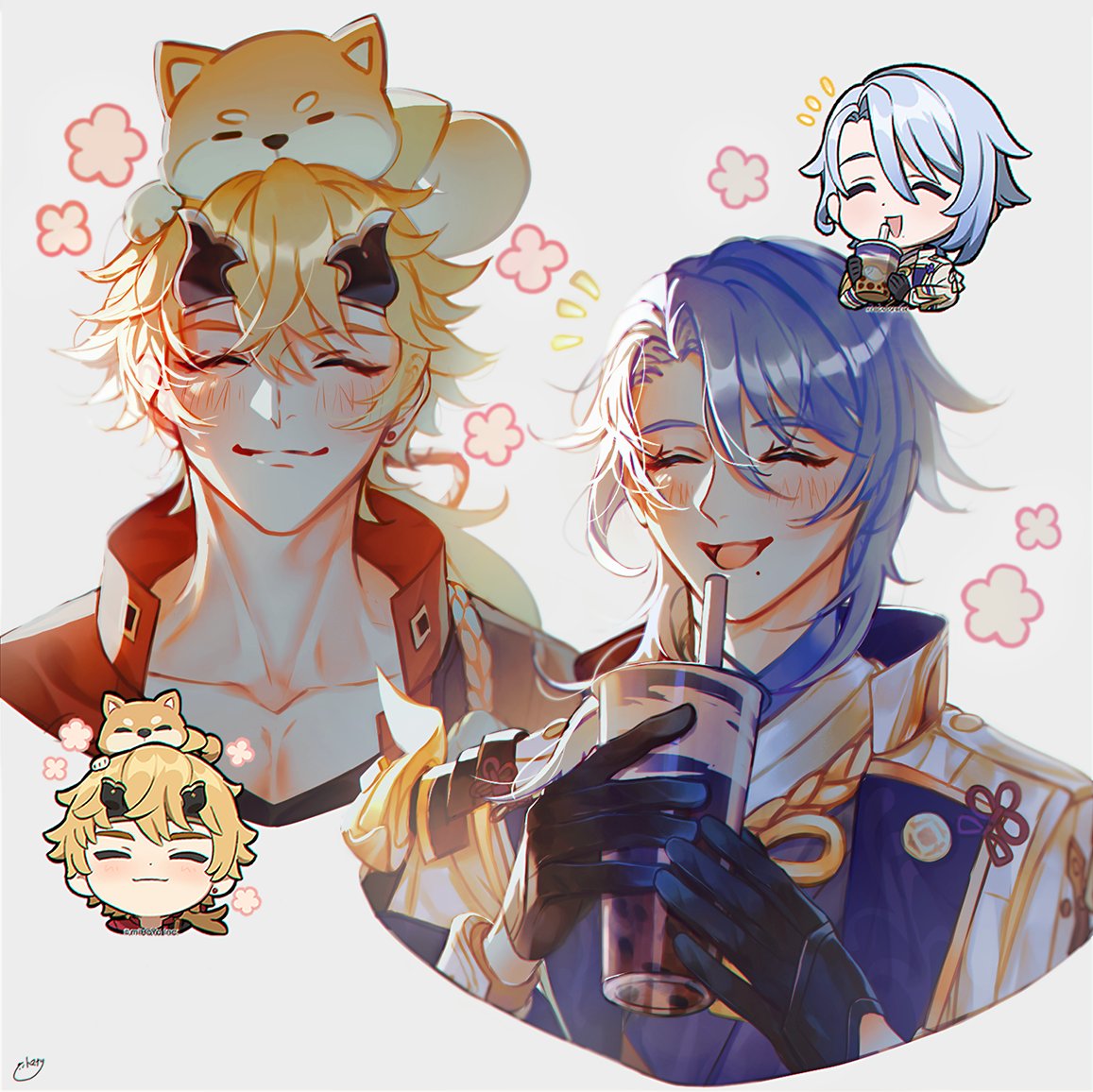 2boys animal_on_head armor bangs black_gloves blonde_hair blue_hair blush bubble_tea closed_mouth collarbone commentary_request fake_horns forehead_protector genshin_impact genshin_impact_sticker_redraw_(meme) gloves grey_background hair_over_shoulder happy horned_headwear horns jacket japanese_armor kamisato_ayato kote low_ponytail meme mole mole_under_mouth multiple_boys notice_lines on_head open_mouth pectorals shiba_inu shiny shiny_hair smile thoma_(genshin_impact) tomanattsu white_background white_jacket