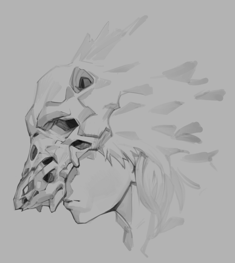 1other ambiguous_gender close-up closed_mouth grey_background greyscale hatching_(texture) mask monochrome original rat_huang simple_background sketch skull skull_mask solo upper_body