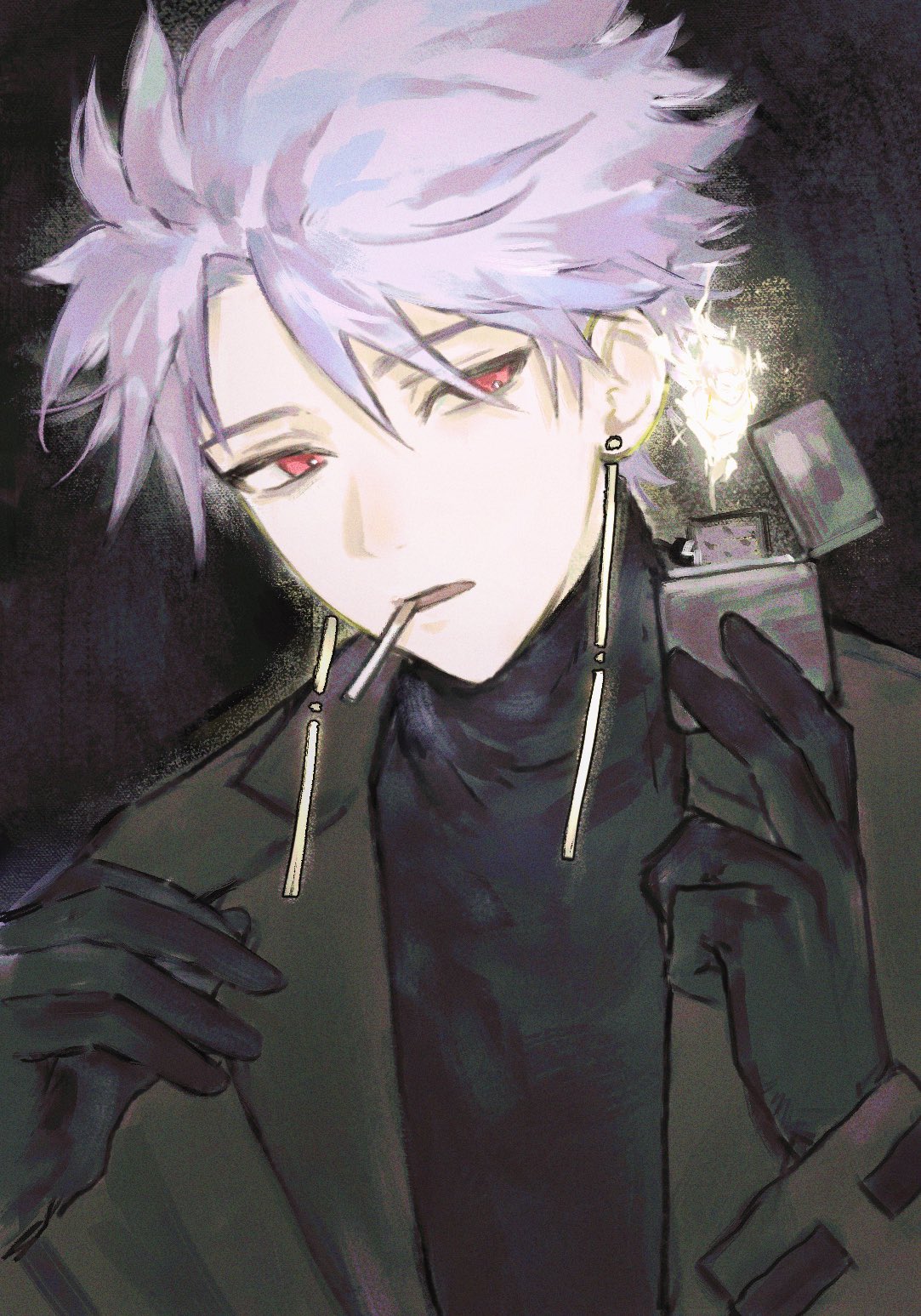 1boy black_gloves black_jacket cigarette commentary_request earrings fire gloves highres holding holding_lighter jacket jewelry korean_commentary lighter long_sleeves male_focus open_clothes open_jacket open_mouth pow_(p0w_at_100) purple_hair red_eyes saibou_shinkyoku short_hair solo theodore_riddle turtleneck