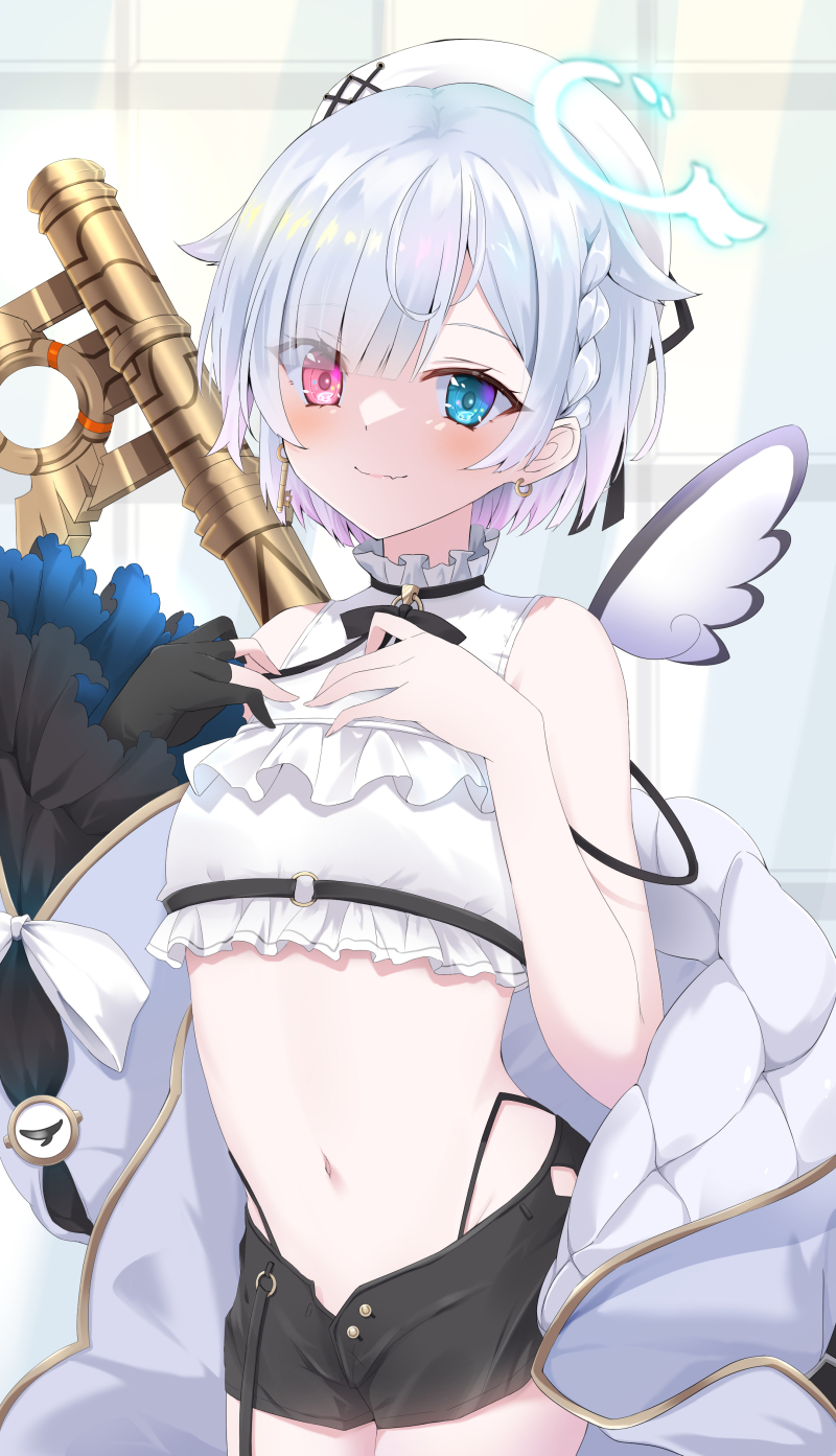 1girl amemiya_nazuna angel angel_wings bangs bare_shoulders beret black_gloves black_panties blue_eyes braid breasts broken_halo collar detached_wings earrings eyes_visible_through_hair fang fingerless_gloves frilled_collar frilled_jacket frills garter_straps gloves gradient_hair halo hat heterochromia highres jacket jacket_removed jewelry key key_earrings kurono_yuzuko midriff multicolored_hair navel panties panty_straps pink_hair puffy_sleeves red_eyes short_hair short_shorts shorts single_glove single_wing skin_fang small_breasts smile thong underwear virtual_youtuber vshojo white_hair white_headwear wings