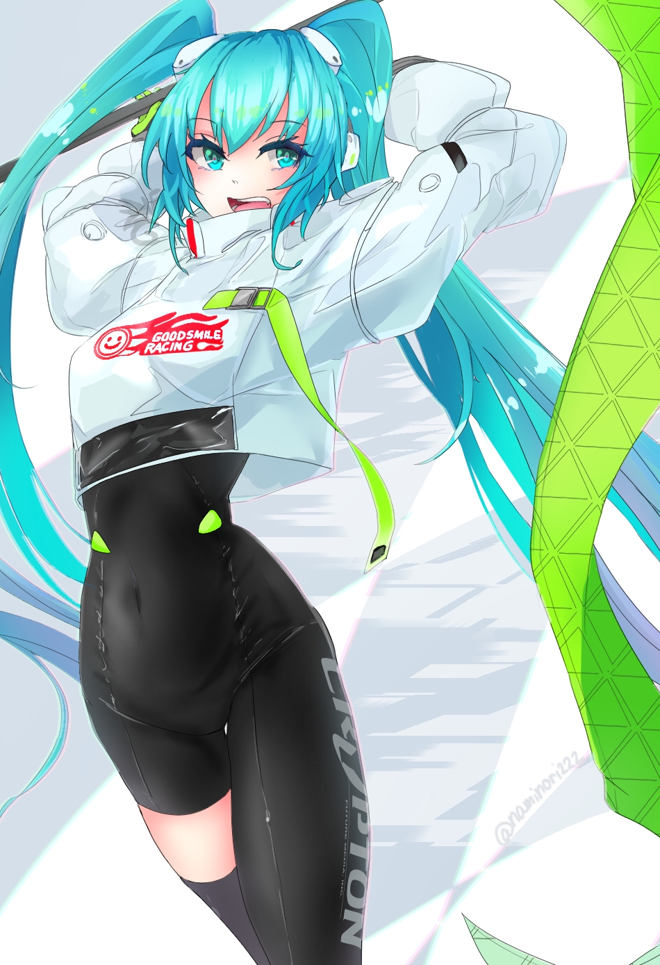 1girl aqua_eyes aqua_hair arms_up artist_name asymmetrical_bodysuit bangs black_bodysuit bodysuit covered_navel crop_top crop_top_overhang cropped_jacket flag flagpole flame_print goodsmile_company hair_between_eyes hairpods hatsune_miku highres holding holding_flag holding_pole jacket long_sleeves naminori222 open_mouth pole puffy_sleeves racequeen racing_miku racing_miku_(2022) shrug_(clothing) single_thighhigh smiley_face solo text_print thigh-highs vocaloid white_background white_jacket