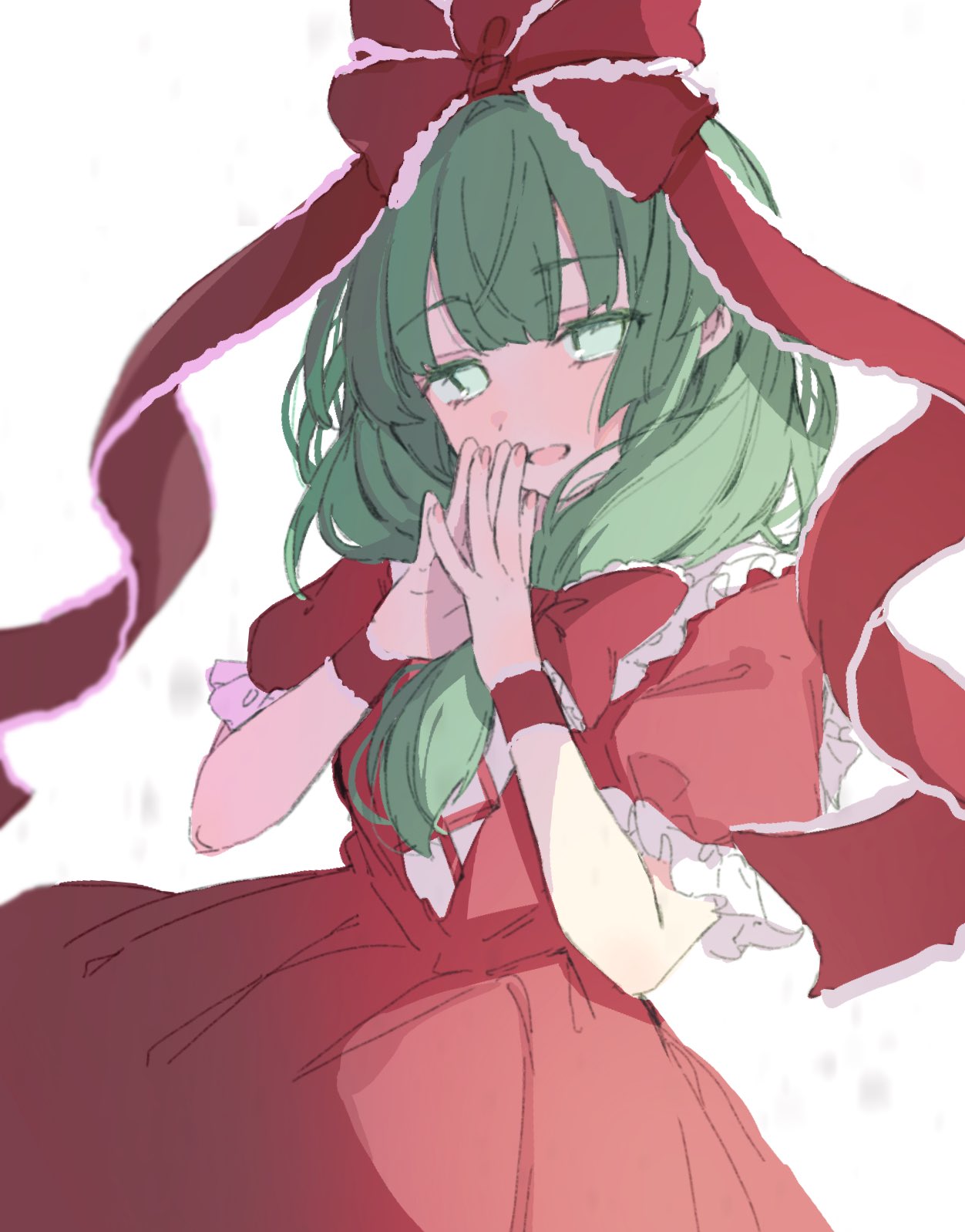 1girl bangs blunt_bangs dress frills front_ponytail green_eyes green_hair hair_ribbon hands_up highres kagiyama_hina long_hair looking_at_viewer own_hands_together paragasu_(parags112) red_dress ribbon simple_background solo touhou white_background