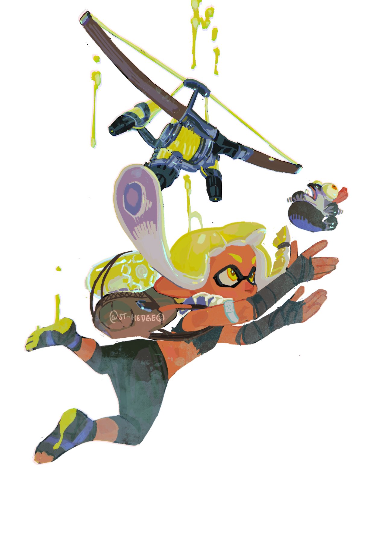 1girl 1other agent_3_(splatoon_3) baggy_pants bandaged_arm bandages bangs blonde_hair blunt_bangs bow_(weapon) braid bulging_eyes catching colored_sclera dark-skinned_female dark_skin domino_mask falling highres inkling inkling_girl mask midriff outstretched_arms pants plastic_bottle red_eyes salmonid side_braid smallfry_(splatoon) splatoon_(series) splatoon_3 st_hedge suction_cups tentacle_hair toeless_footwear toes torn_clothes tri-stringer_(splatoon) weapon yellow_eyes yellow_sclera